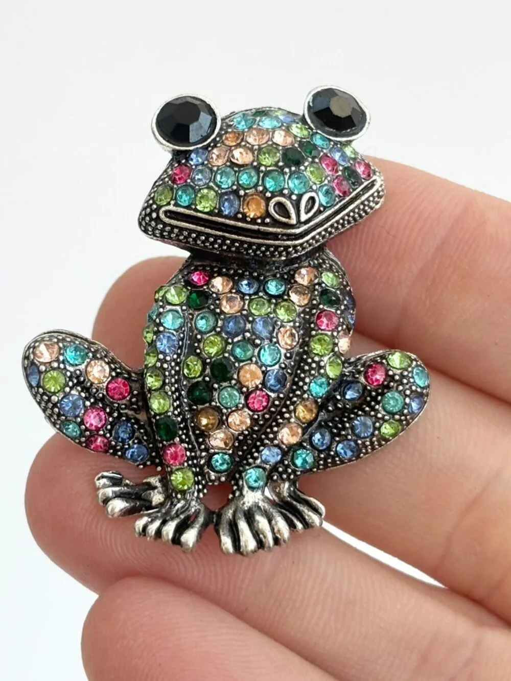 Frog Figural Rainbow Rhinestone Silver Toned Vintage Inspired Brooch Pin